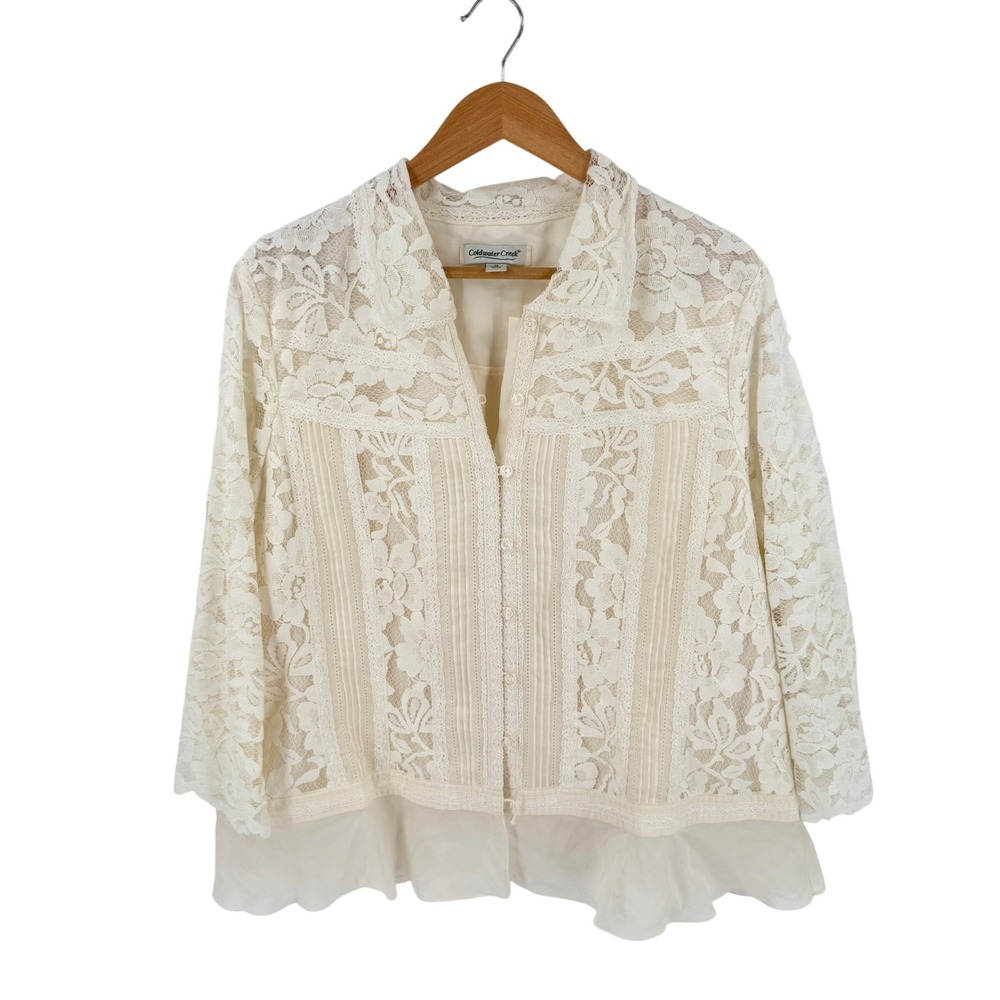 Coldwater Creek Lace Blouse Cream 1X Floral Romantic Cottagecore Button Up
